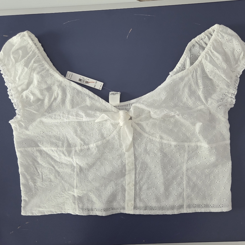 NWT PINK Victoria’s Secret Frankies Bikinis XXL White Eyelet Cap Sleeve Crop Top